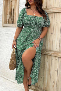 Willluxe® Plus Size Floral Smocked Bodice Maxi Dress with High Slit