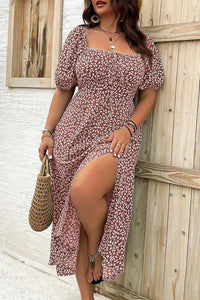 Willluxe® Plus Size Floral Smocked Bodice Maxi Dress with High Slit