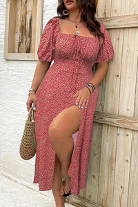 Willluxe® Plus Size Floral Smocked Bodice Maxi Dress with High Slit