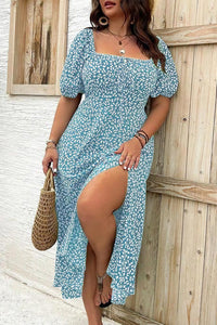 Willluxe® Plus Size Floral Smocked Bodice Maxi Dress with High Slit
