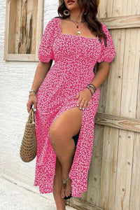 Willluxe® Plus Size Floral Smocked Bodice Maxi Dress with High Slit