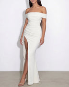 Willluxe® Elegant Off-Shoulder Ruched High-Slit Maxi Evening Dress