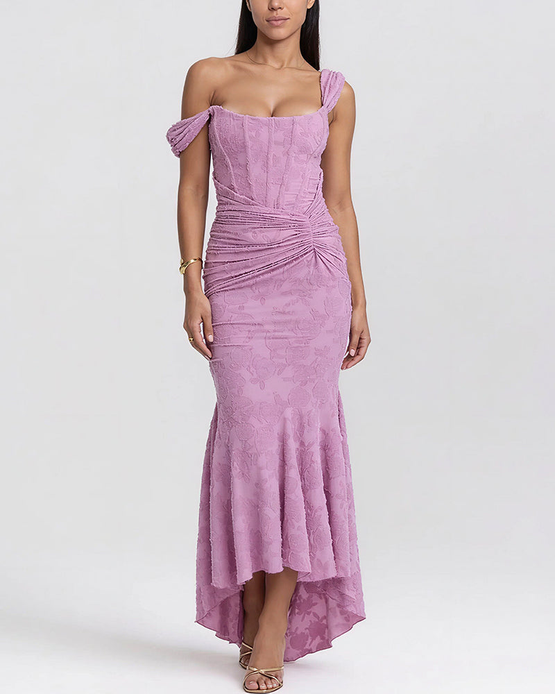 Willluxe® Elegant Floral Jacquard Ruched Mermaid Maxi Dress
