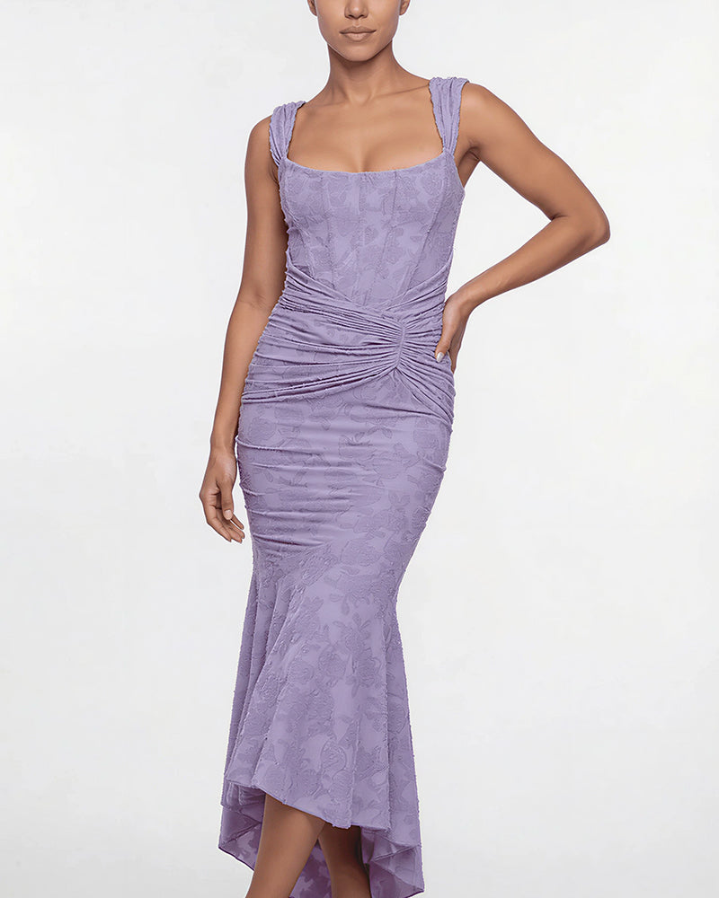 Willluxe® Elegant Floral Jacquard Ruched Mermaid Maxi Dress