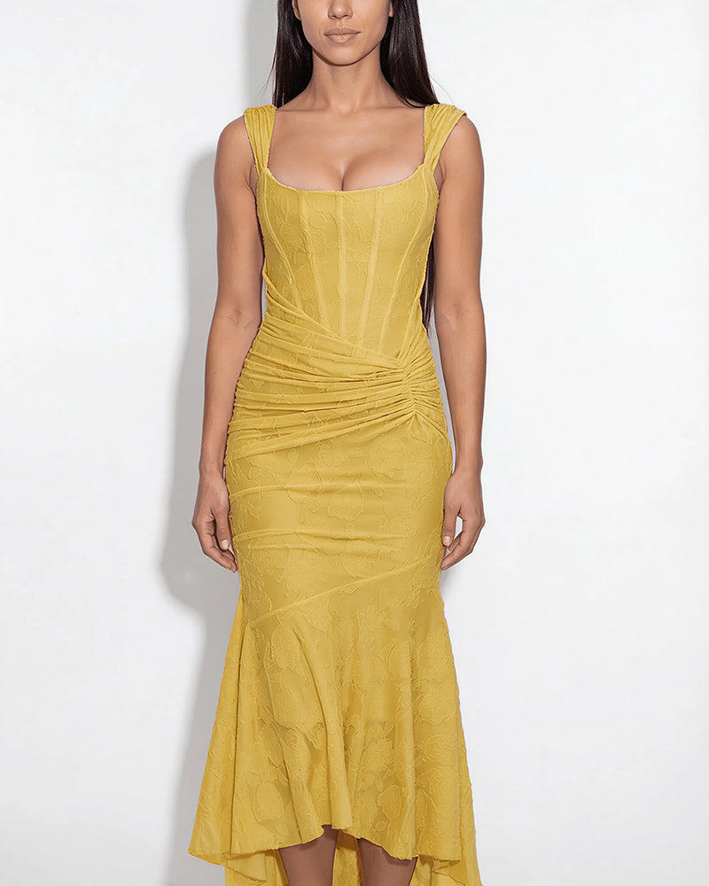 Willluxe® Elegant Floral Jacquard Ruched Mermaid Maxi Dress