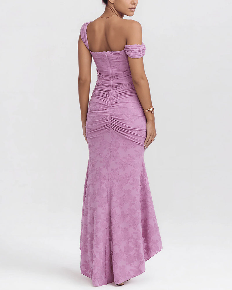 Willluxe® Elegant Floral Jacquard Ruched Mermaid Maxi Dress