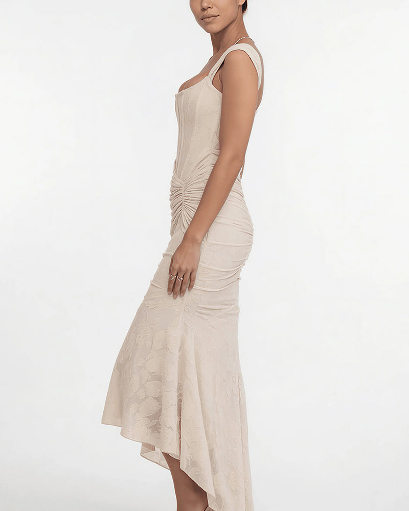 Willluxe® Elegant Floral Jacquard Ruched Mermaid Maxi Dress