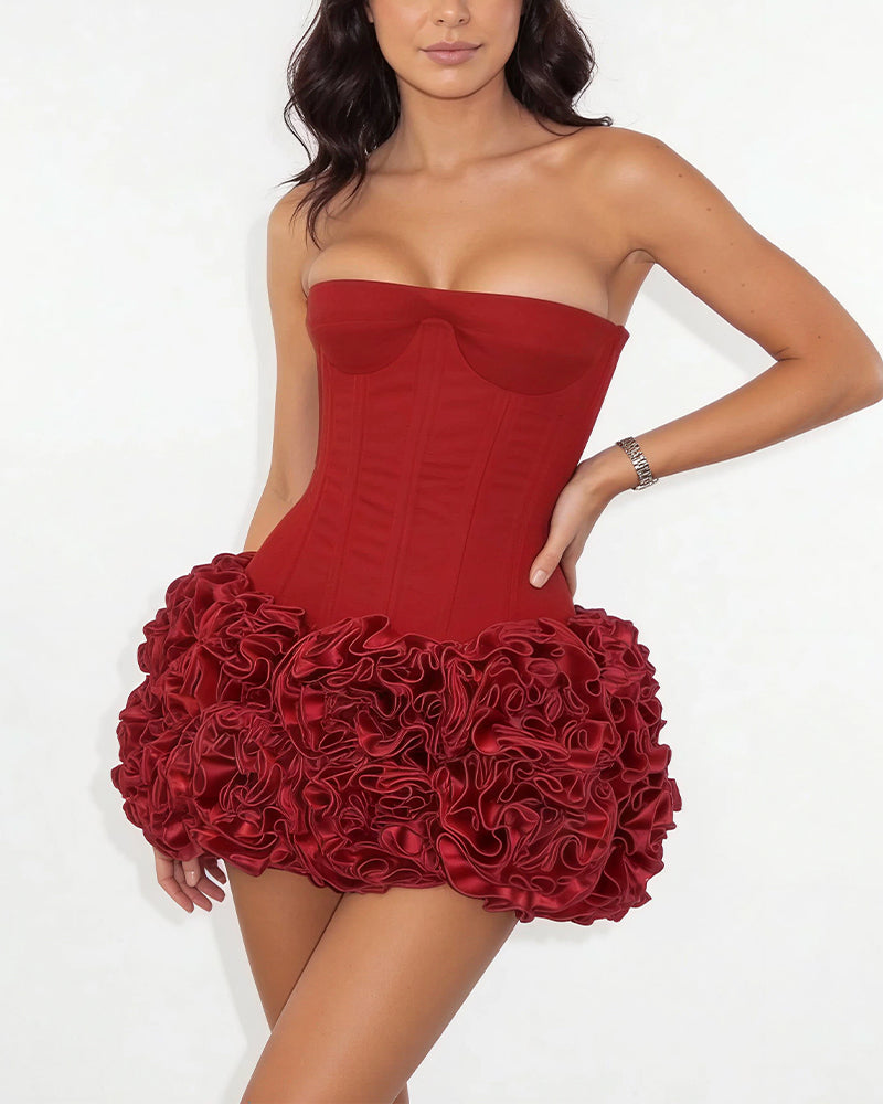Willluxe® Strapless Boned Bustier & 3D Rose Mini Skirt