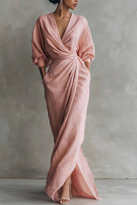 Willluxe® Elegant Deep V-Neck Draped Wrap Maxi Dress With Waist Tie