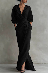 Willluxe® Elegant Deep V-Neck Draped Wrap Maxi Dress With Waist Tie