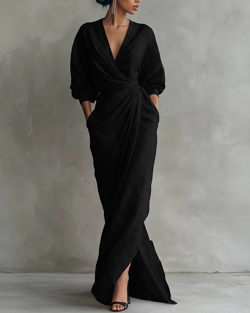 Willluxe® Elegant Deep V-Neck Draped Wrap Maxi Dress With Waist Tie