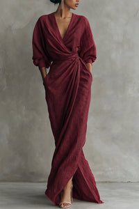 Willluxe® Elegant Deep V-Neck Draped Wrap Maxi Dress With Waist Tie
