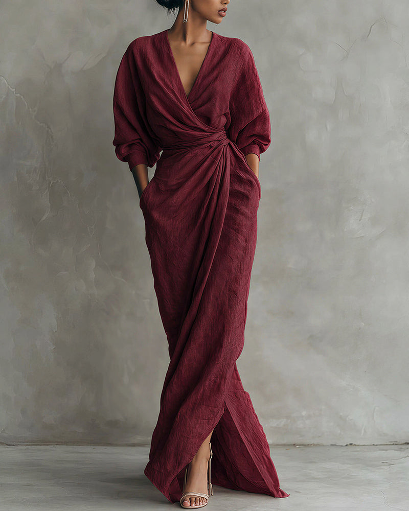 Willluxe® Elegant Deep V-Neck Draped Wrap Maxi Dress With Waist Tie
