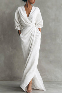 Willluxe® Elegant Deep V-Neck Draped Wrap Maxi Dress With Waist Tie