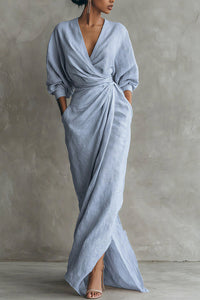 Willluxe® Elegant Deep V-Neck Draped Wrap Maxi Dress With Waist Tie