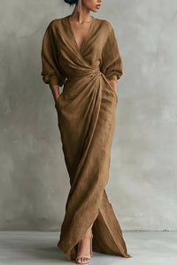 Willluxe® Elegant Deep V-Neck Draped Wrap Maxi Dress With Waist Tie
