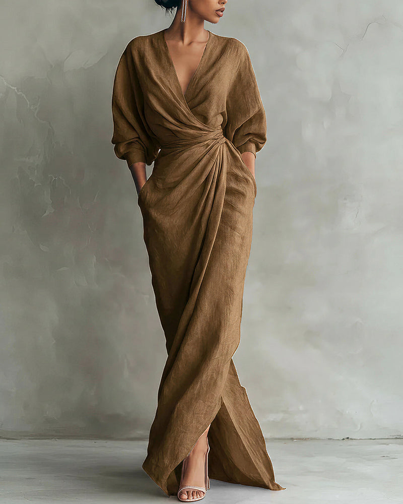 Willluxe® Elegant Deep V-Neck Draped Wrap Maxi Dress With Waist Tie