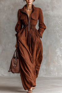 Willluxe® French Chic Zip-Up Lapel Maxi Dress With Cinched Waist