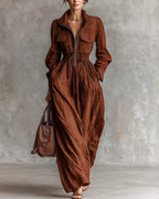 Willluxe® French Chic Zip-Up Lapel Maxi Dress With Cinched Waist