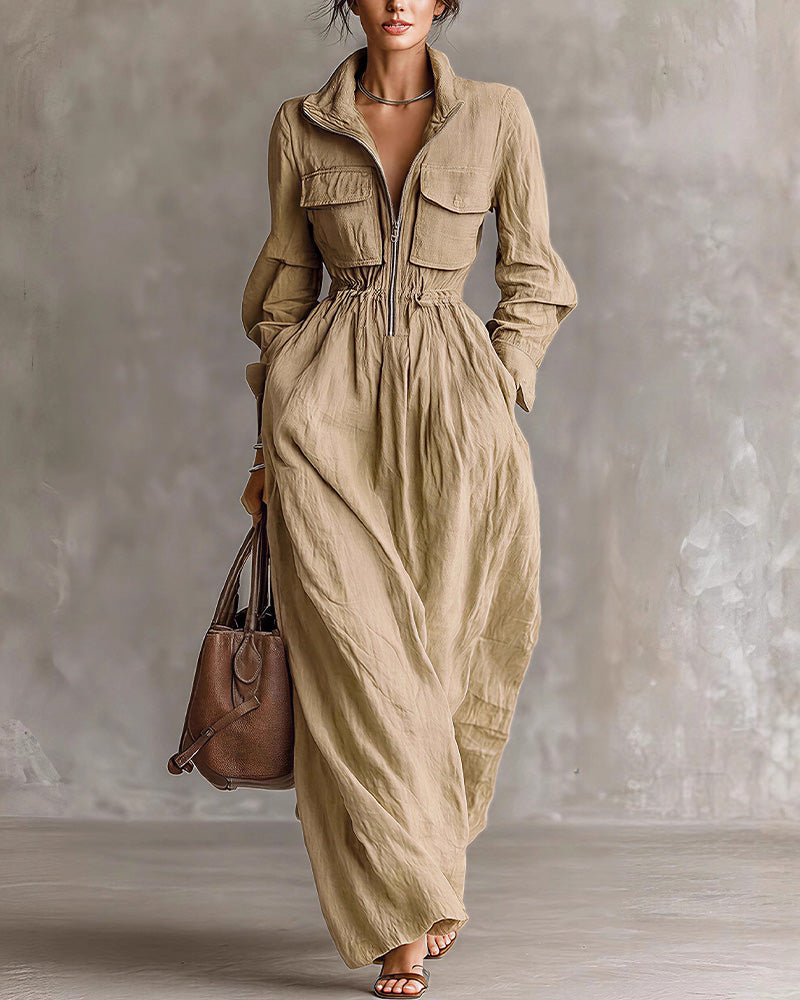 Willluxe® French Chic Zip-Up Lapel Maxi Dress With Cinched Waist