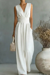 Willluxe® Elegant V-Neck Sleeveless Wide Leg Jumpsuit With Pockets