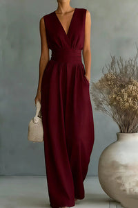 Willluxe® Elegant V-Neck Sleeveless Wide Leg Jumpsuit With Pockets