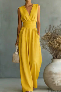 Willluxe® Elegant V-Neck Sleeveless Wide Leg Jumpsuit With Pockets