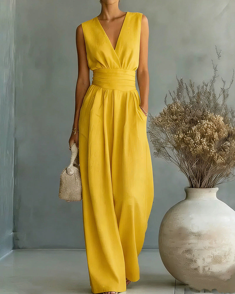 Willluxe® Elegant V-Neck Sleeveless Wide Leg Jumpsuit With Pockets