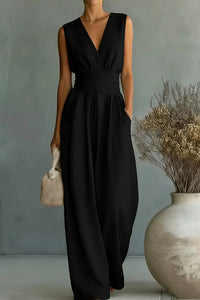 Willluxe® Elegant V-Neck Sleeveless Wide Leg Jumpsuit With Pockets