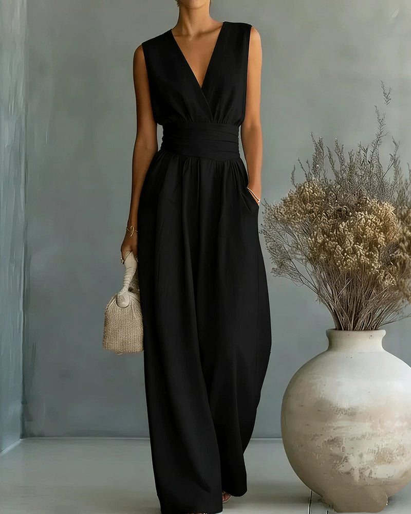Willluxe® Elegant V-Neck Sleeveless Wide Leg Jumpsuit With Pockets
