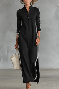 Willluxe® Sporty Chic Button Collar Maxi Dress with Side Stripes