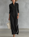 Willluxe® Sporty Chic Button Collar Maxi Dress with Side Stripes