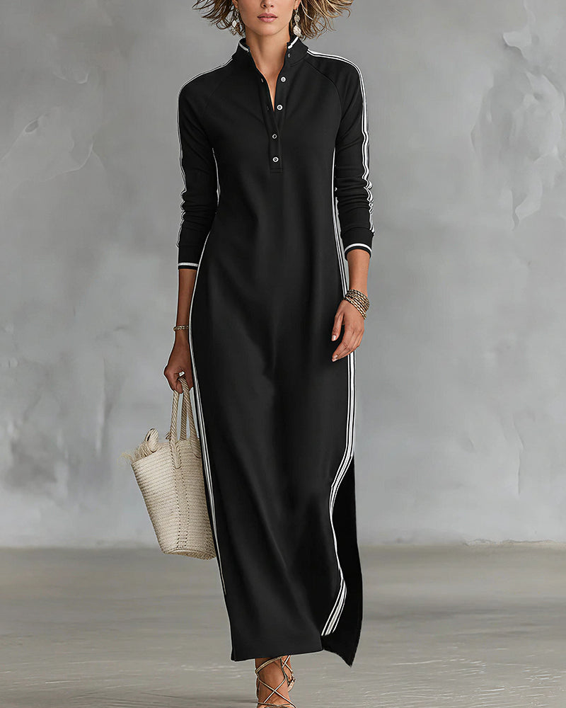 Willluxe® Sporty Chic Button Collar Maxi Dress with Side Stripes