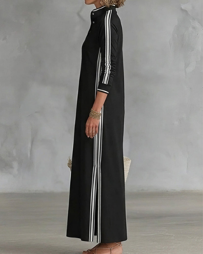 Willluxe® Sporty Chic Button Collar Maxi Dress with Side Stripes