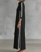 Willluxe® Sporty Chic Button Collar Maxi Dress with Side Stripes
