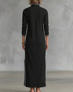 Willluxe® Sporty Chic Button Collar Maxi Dress with Side Stripes