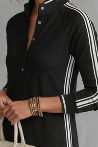 Willluxe® Sporty Chic Button Collar Maxi Dress with Side Stripes