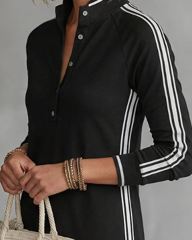 Willluxe® Sporty Chic Button Collar Maxi Dress with Side Stripes