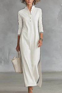 Willluxe® Sporty Chic Button Collar Maxi Dress with Side Stripes