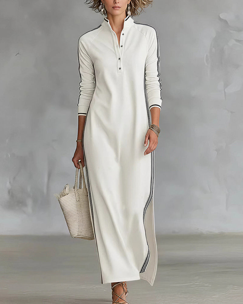 Willluxe® Sporty Chic Button Collar Maxi Dress with Side Stripes