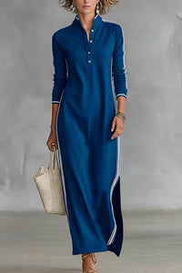 Willluxe® Sporty Chic Button Collar Maxi Dress with Side Stripes