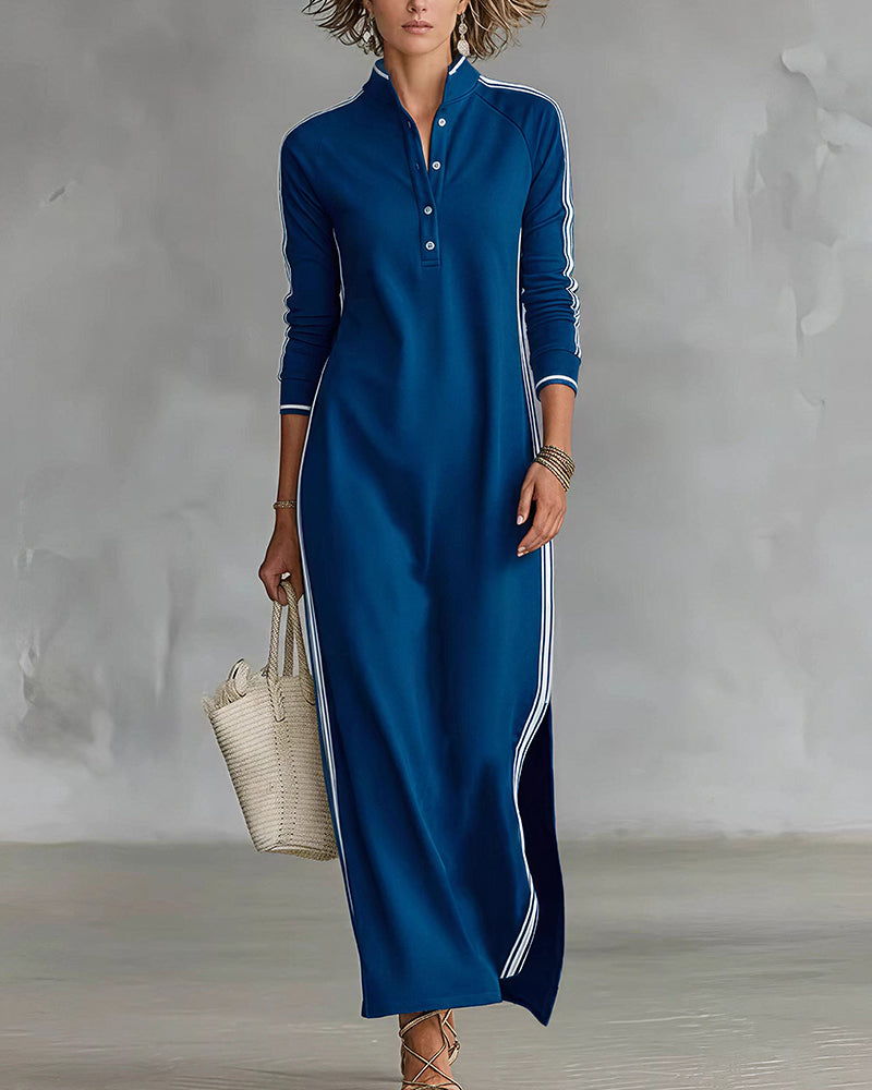 Willluxe® Sporty Chic Button Collar Maxi Dress with Side Stripes