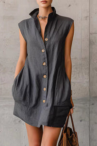 Willluxe® Sleeveless Stand Collar Button-Down Shirt Dress With Pockets