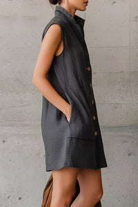 Willluxe® Sleeveless Stand Collar Button-Down Shirt Dress With Pockets