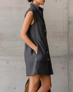 Willluxe® Sleeveless Stand Collar Button-Down Shirt Dress With Pockets