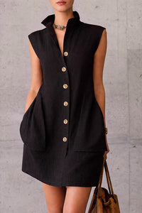 Willluxe® Sleeveless Stand Collar Button-Down Shirt Dress With Pockets