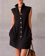 Willluxe® Sleeveless Stand Collar Button-Down Shirt Dress With Pockets