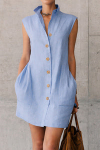 Willluxe® Sleeveless Stand Collar Button-Down Shirt Dress With Pockets