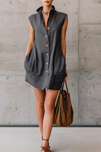 Willluxe® Sleeveless Stand Collar Button-Down Shirt Dress With Pockets