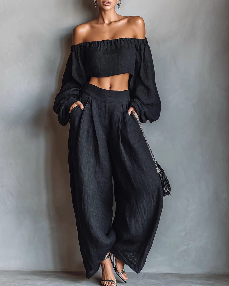 Willluxe® Off-Shoulder Crop Top and Wide Leg Pants Two-Piece Set